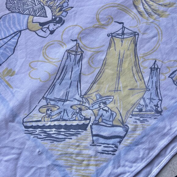 1950s Mexican Topper Tablecloth 30" X 31.5" Tropical Palm Trees Flower Vendor - Picture 4 of 9